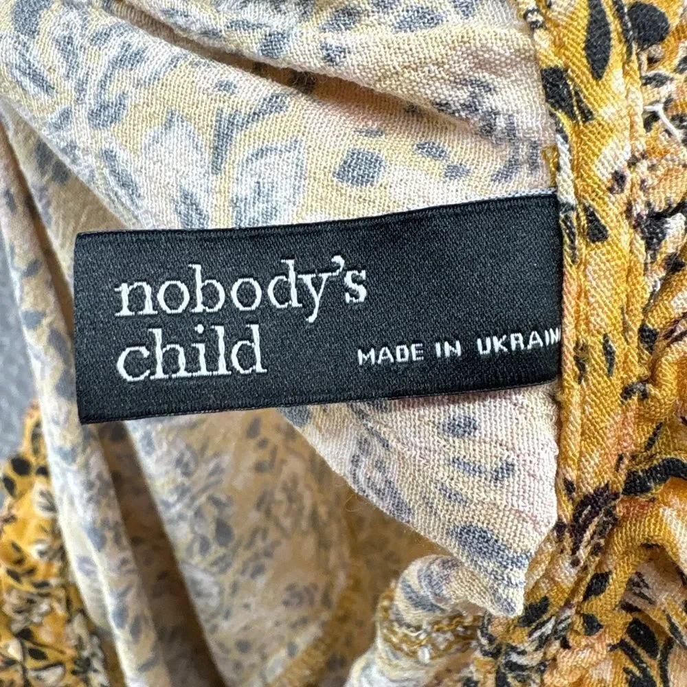 Nobody’s Child Mustard Floral Ruffle Mock Neck Peplum Blouse Long Sleeve Size 10